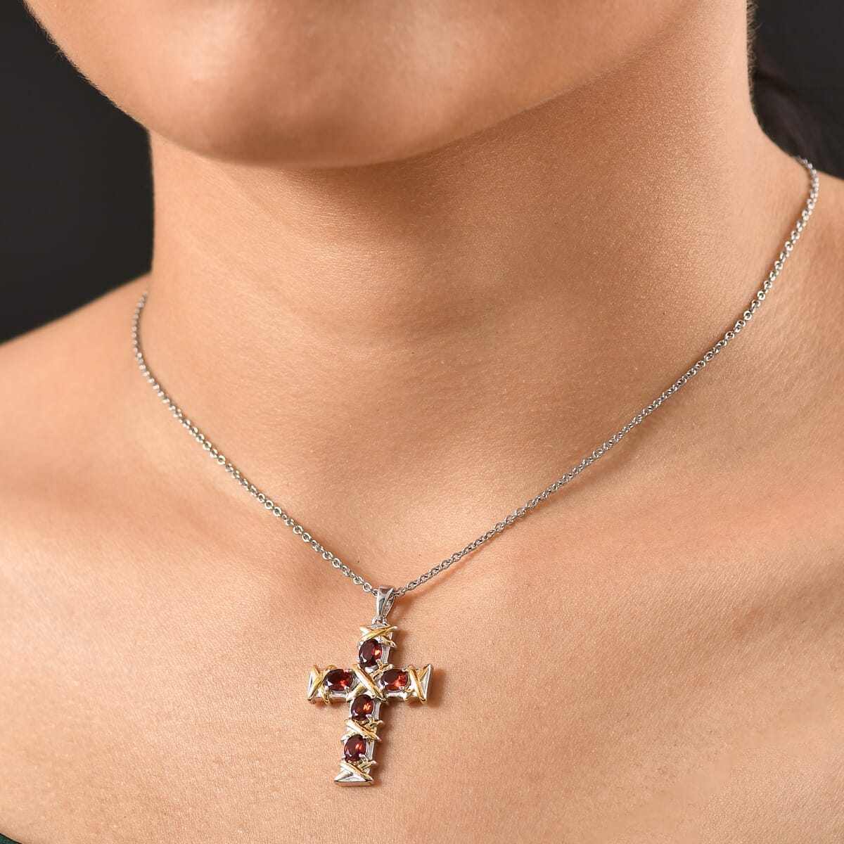 Karis Mozambique Garnet 2.30 ctw Cross Pendant in 18K YG Plated and Platinum Bond with Stainless Steel Necklace 20 Inches image number 2