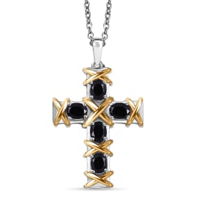 Karis Thai Black Spinel 2.40 ctw Cross Pendant in 18K YG Plated and Platinum Bond with Stainless Steel Necklace 20 Inches