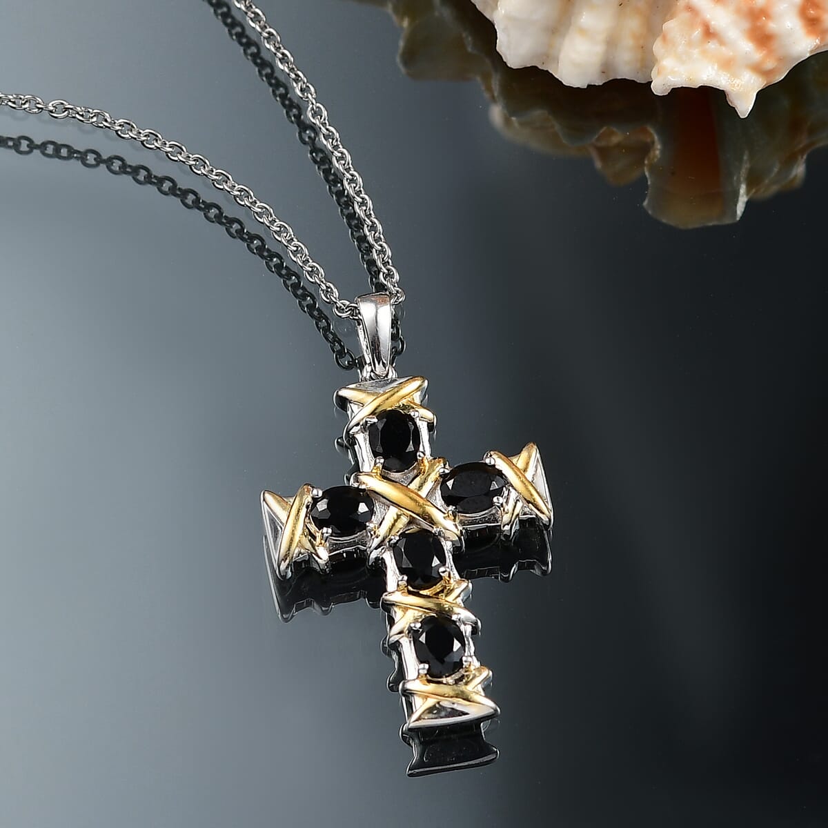 Karis Thai Black Spinel 2.40 ctw Cross Pendant in 18K YG Plated and Platinum Bond with Stainless Steel Necklace 20 Inches image number 1