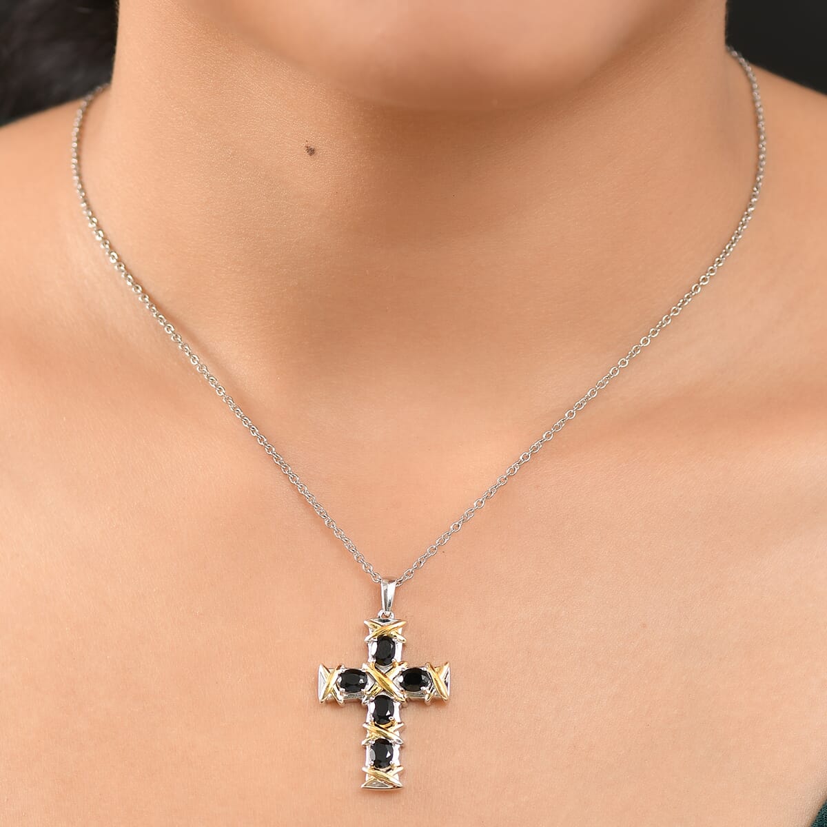 Karis Thai Black Spinel 2.40 ctw Cross Pendant in 18K YG Plated and Platinum Bond with Stainless Steel Necklace 20 Inches image number 2