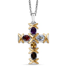 Epic Deal Karis Brazilian Citrine, Multi Gemstone Cross Pendant in 18K YG Plated and Platinum Bond with Stainless Steel Necklace (20 Inches) 1.90 ctw
