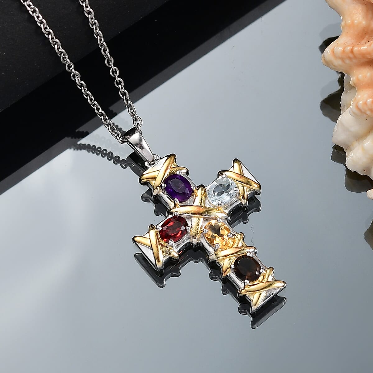 Epic Deal Karis Brazilian Citrine, Multi Gemstone Cross Pendant in 18K YG Plated and Platinum Bond with Stainless Steel Necklace (20 Inches) 1.90 ctw image number 1