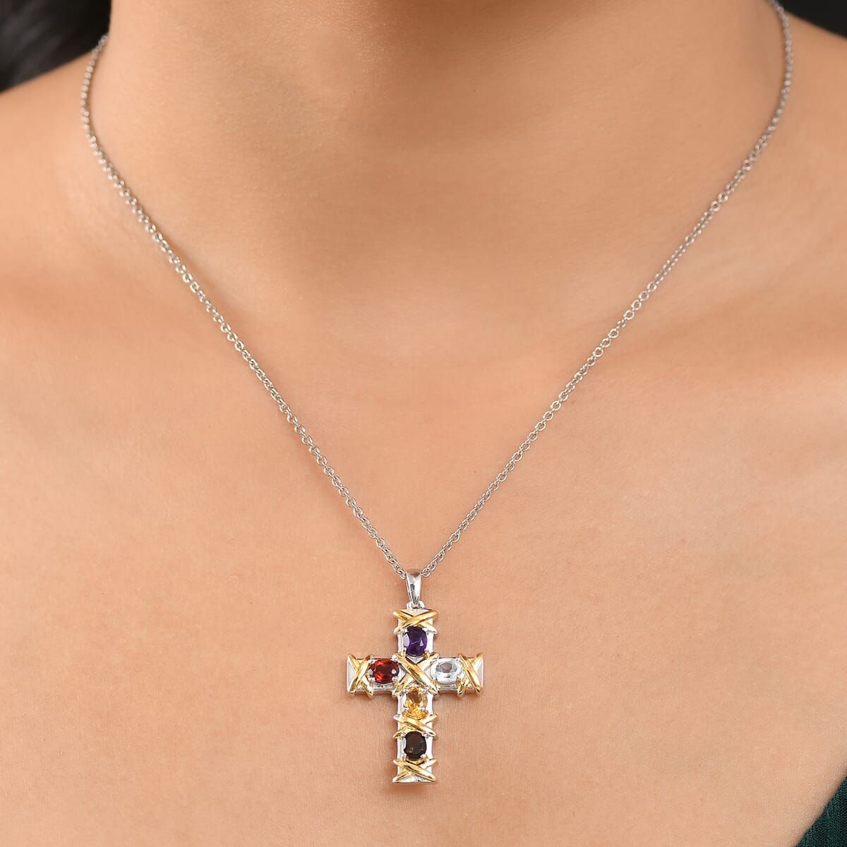 Epic Deal Karis Brazilian Citrine, Multi Gemstone Cross Pendant in 18K YG Plated and Platinum Bond with Stainless Steel Necklace (20 Inches) 1.90 ctw image number 2