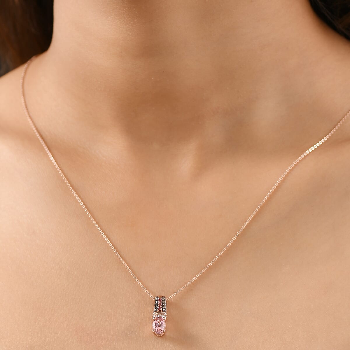 D'Joy Blush Tourmaline, Padparadscha Sapphire, Natural Champagne and White Diamond 0.90 ctw Rising Sun Pendant Necklace in 18K Vermeil Rose Gold Over Sterling Silver 20 Inches image number 2