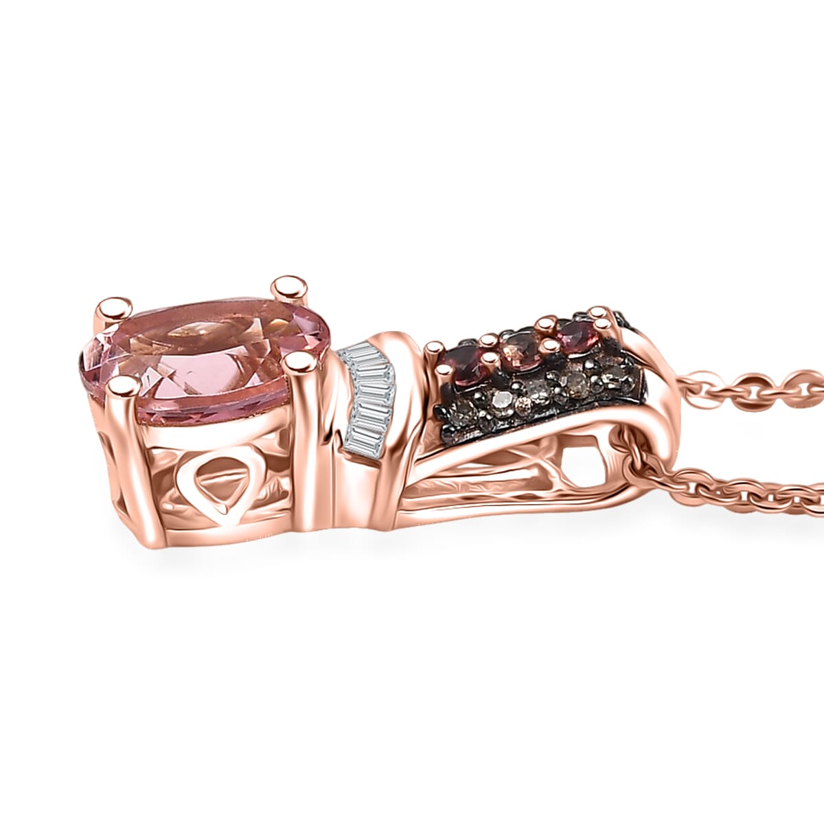 D'Joy Blush Tourmaline, Padparadscha Sapphire, Natural Champagne and White Diamond 0.90 ctw Rising Sun Pendant Necklace in 18K Vermeil Rose Gold Over Sterling Silver 20 Inches image number 3