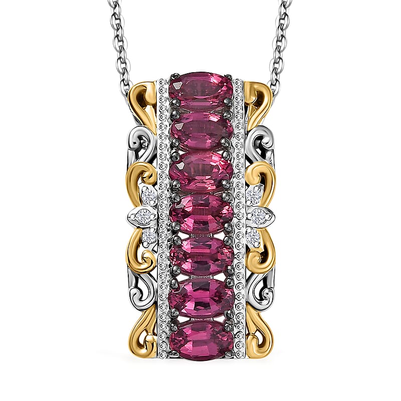 D'Joy Ouro Fino Rubellite and White Zircon 1.85 ctw Rococo Filigree Pendant Necklace 20 Inches in 18K Vermeil YG and Rhodium Over Sterling Silver