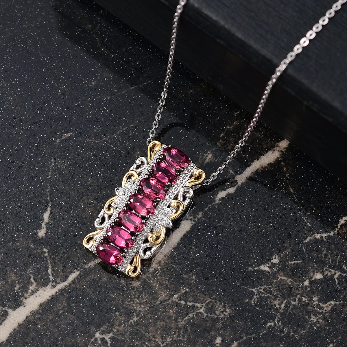 D'Joy Ouro Fino Rubellite and White Zircon 1.85 ctw Pendant Necklace 20 Inches in 18K Vermeil YG and Rhodium Over Sterling Silver  image number 1