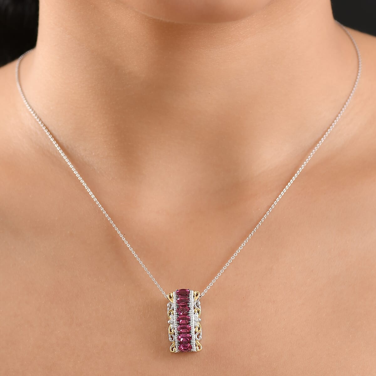 D'Joy Ouro Fino Rubellite and White Zircon 1.85 ctw Pendant Necklace 20 Inches in 18K Vermeil YG and Rhodium Over Sterling Silver  image number 2