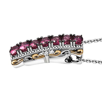 D'Joy Ouro Fino Rubellite and White Zircon 1.85 ctw Rococo Filigree Pendant Necklace 20 Inches in 18K Vermeil YG and Rhodium Over Sterling Silver