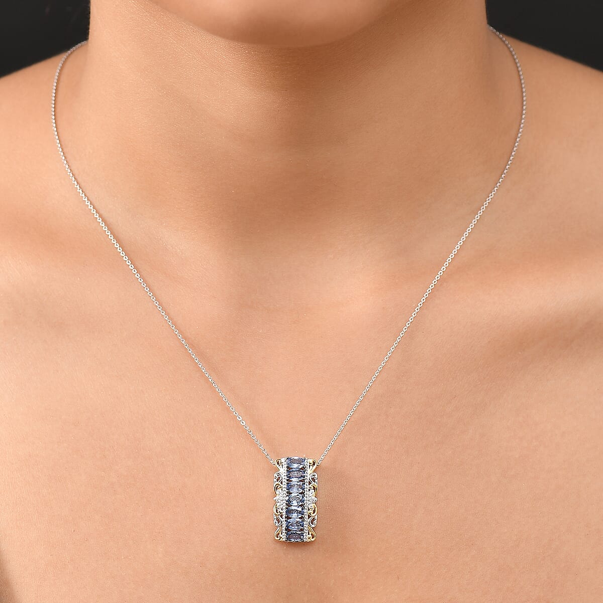 D'Joy Premium Ceylon Blue Sapphire and White Zircon 2.15 ctw Rococo Filigree Pendant Necklace 20 Inches in Rhodium Over Sterling Silver image number 1