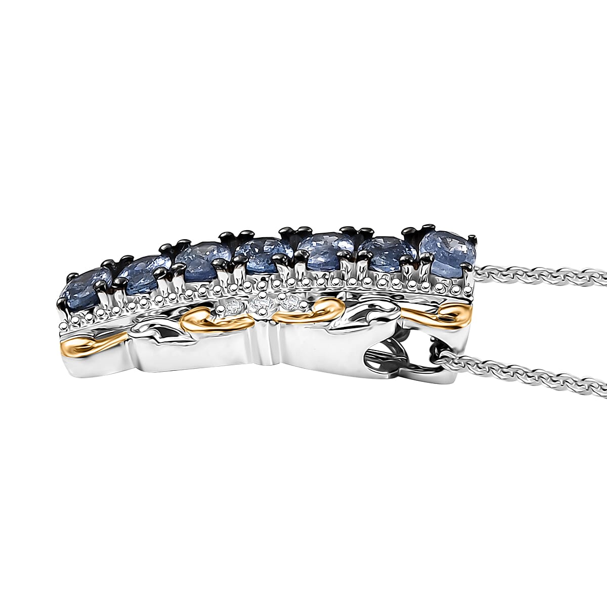 D'Joy Premium Ceylon Blue Sapphire and White Zircon 2.15 ctw Rococo Filigree Pendant Necklace 20 Inches in Rhodium Over Sterling Silver image number 2