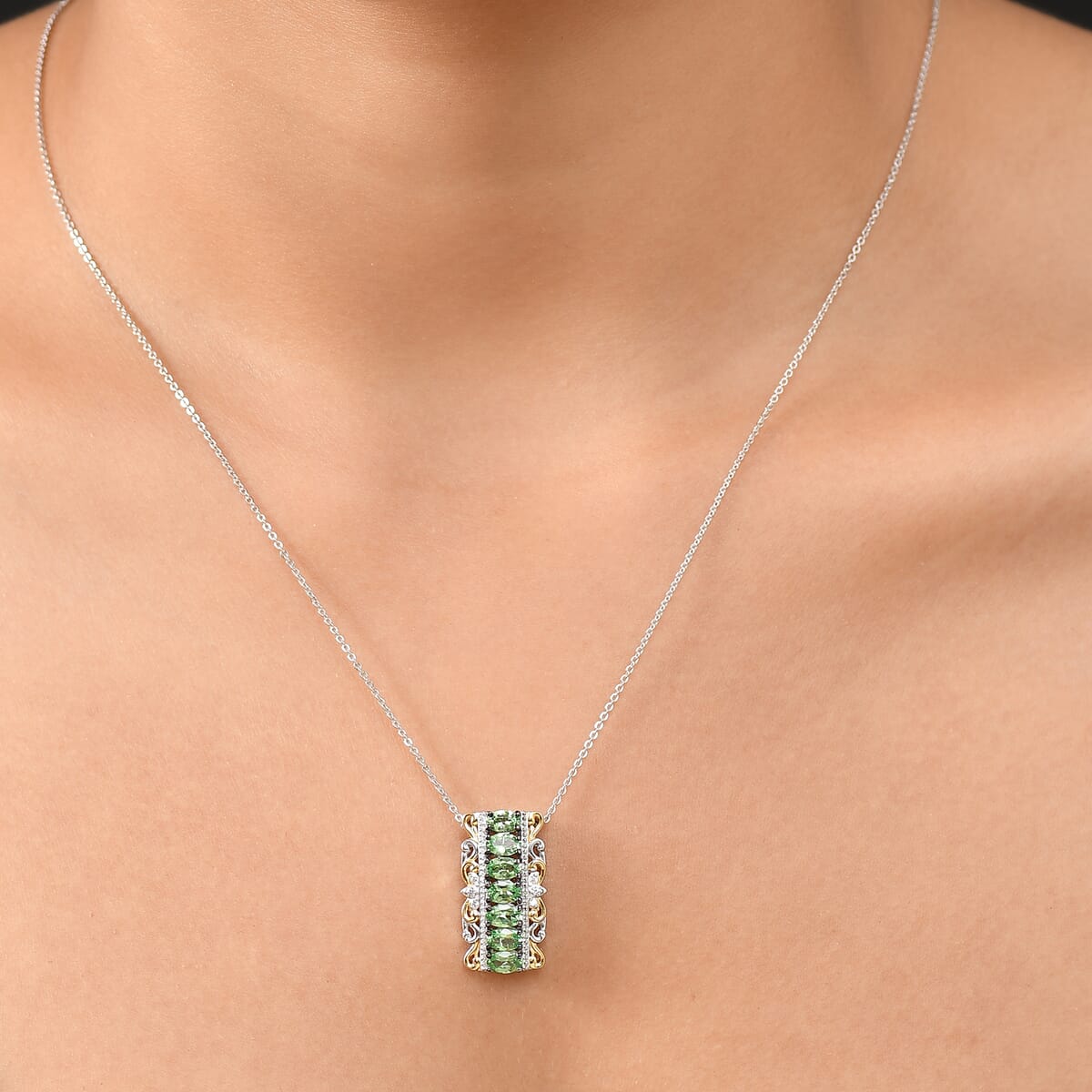 D'Joy Tsavorite Garnet and White Zircon 1.85 ctw Pendant Necklace 20 Inches in 18K Vermeil YG and Rhodium Over Sterling Silver image number 2