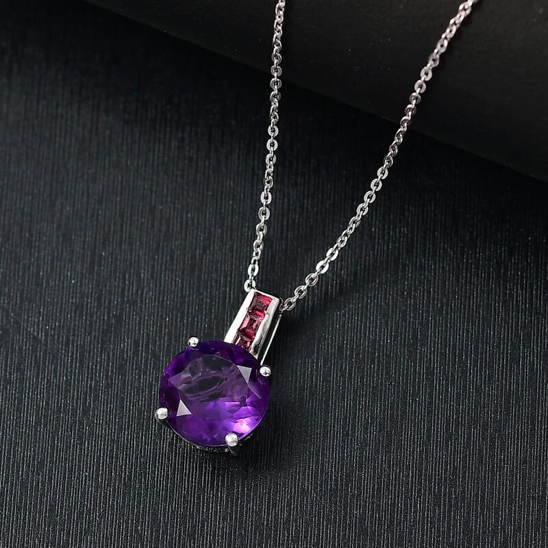 D'Joy African Amethyst and Orissa Rhodolite Garnet 4.25 ctw Pendant Necklace in Rhodium Over Sterling Silver 20 Inches