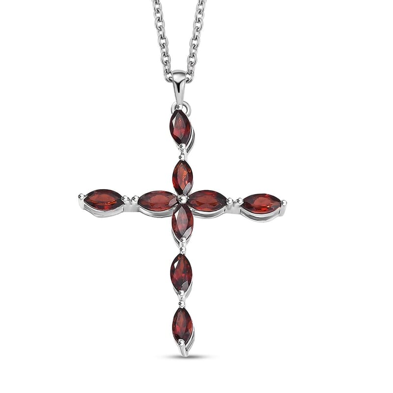 Mozambique Garnet 2.75 ctw Cross Pendant in Rhodium Over Sterling Silver with Stainless Steel Necklace (20 Inches)