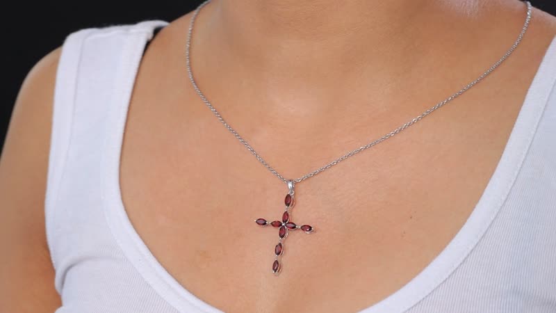 Mozambique Garnet 2.75 ctw Cross Pendant in Rhodium Over Sterling Silver with Stainless Steel Necklace (20 Inches)