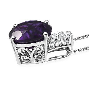 African Amethyst and White Zircon 6.35 ctw Pendant Necklace 20 Inches in Rhodium Over Sterling Silver