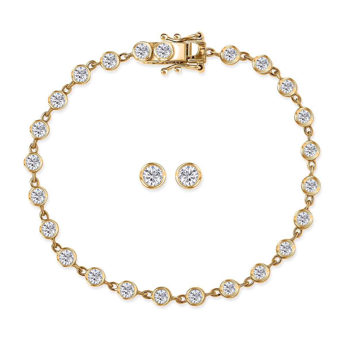 Luxuriant Lab Grown Diamond G-H SI 3.00 ctw Bracelet (8.0In) and Solitaire Stud Earrings in 18K Vermeil Yellow Gold Over Sterling Silver  image number 0