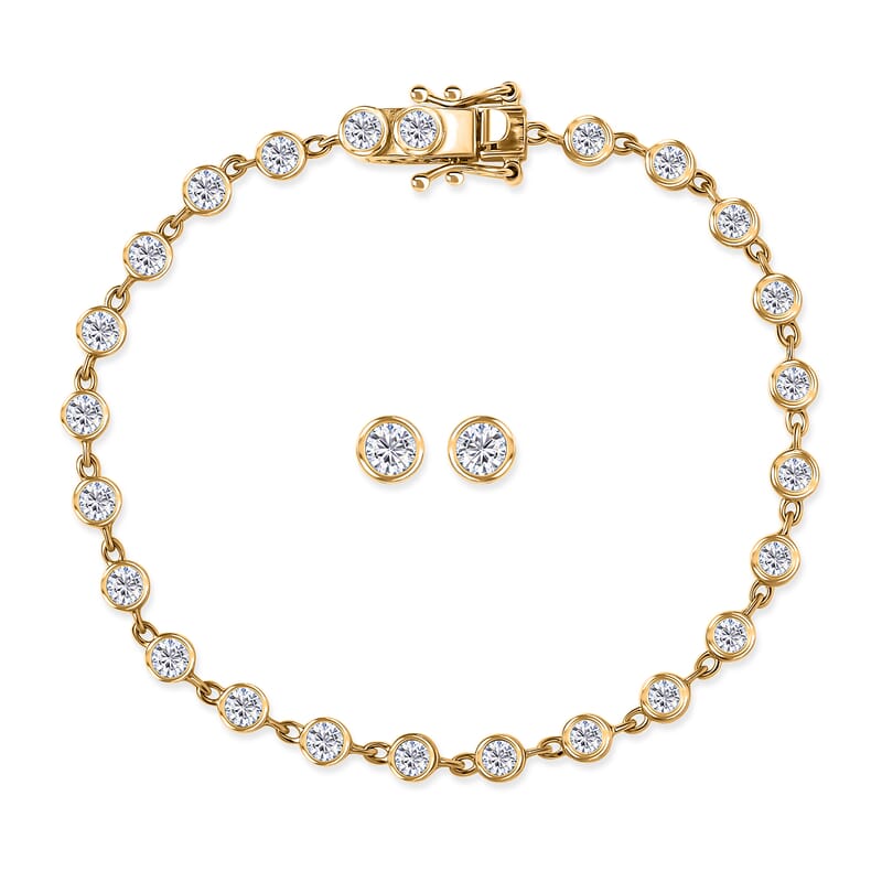 Luxuriant Lab Grown Diamond G-H SI 3.00 ctw Bracelet (8.0In) and Solitaire Stud Earrings in 18K Vermeil Yellow Gold Over Sterling Silver 