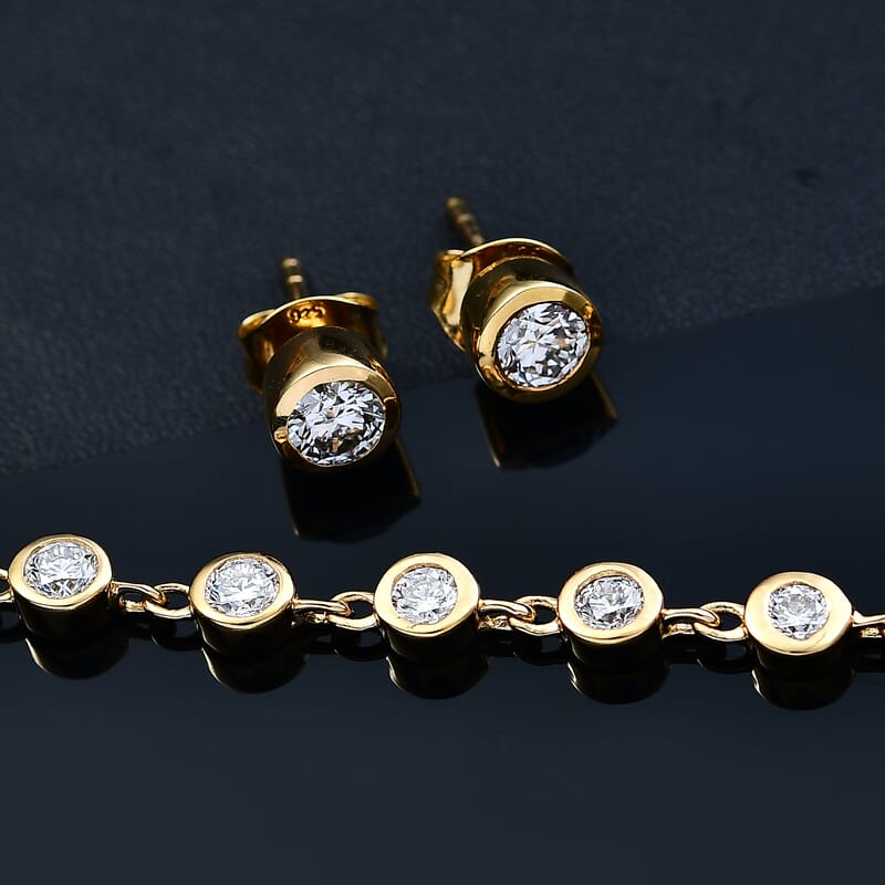 Luxuriant Lab Grown Diamond G-H SI 3.00 ctw Bracelet (8.0In) and Solitaire Stud Earrings in 18K Vermeil Yellow Gold Over Sterling Silver 