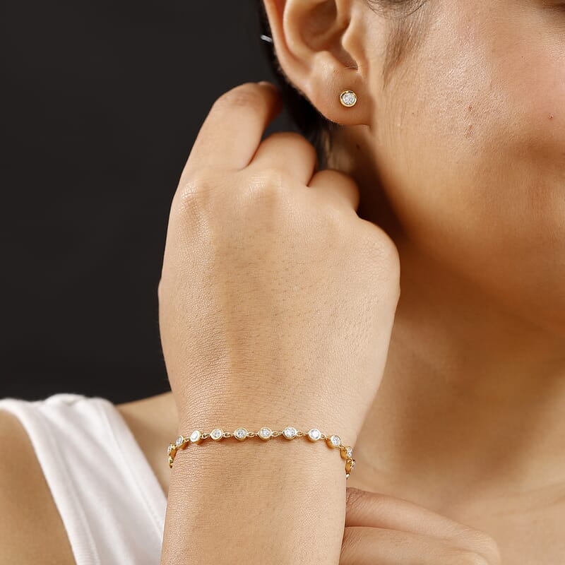 Luxuriant Lab Grown Diamond G-H SI 3.00 ctw Bracelet (8.0In) and Solitaire Stud Earrings in 18K Vermeil Yellow Gold Over Sterling Silver 