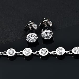 Luxuriant Lab Grown Diamond G-H SI 3.00 ctw Bracelet (7.25In) and Solitaire Stud Earrings in Rhodium Over Sterling Silver