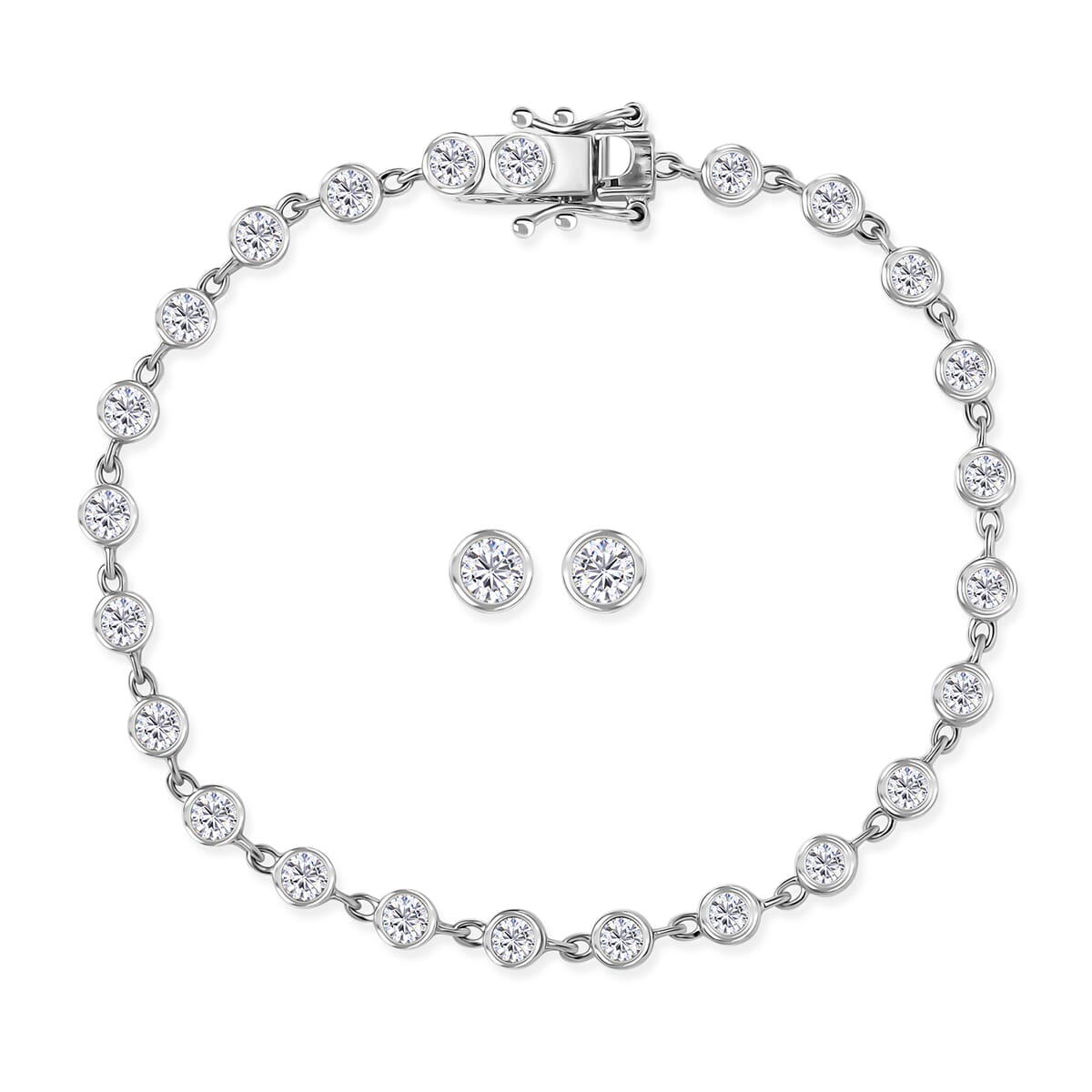 Luxuriant Lab Grown Diamond G-H SI 3.00 ctw Bracelet (8.0In) and Solitaire Stud Earrings in Rhodium Over Sterling Silver image number 0