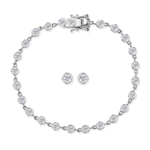 Luxuriant Lab Grown Diamond G-H SI 3.00 ctw Bracelet (8.0In) and Solitaire Stud Earrings in Rhodium Over Sterling Silver
