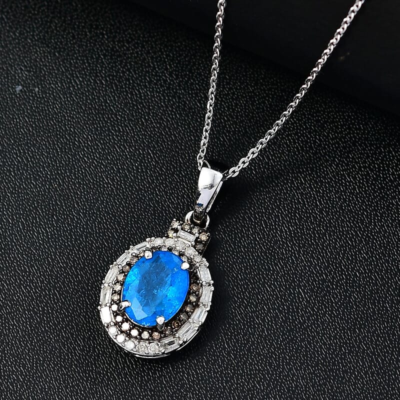 D'Joy Malgache Neon Apatite, Natural Champagne and White Diamond 2.35 ctw Pendant Necklace in Rhodium Over Sterling Silver 20 Inches