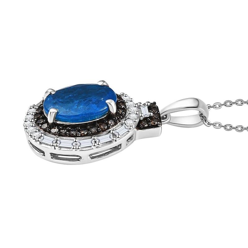 D'Joy Malgache Neon Apatite, Natural Champagne and White Diamond 2.35 ctw Pendant Necklace in Rhodium Over Sterling Silver 20 Inches