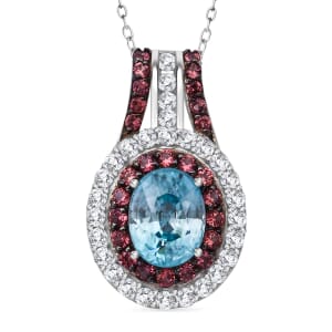 Cambodian Blue Zircon, White and Brown Zircon 4.50 ctw Oceanic Opulence Pendant Necklace in Rhodium Over Sterling Silver 20 Inches