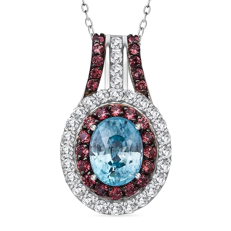 Cambodian Blue Zircon, White and Brown Zircon 4.50 ctw Oceanic Opulence Pendant Necklace in Rhodium Over Sterling Silver 20 Inches
