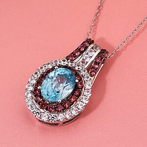 Cambodian Blue Zircon, White and Brown Zircon 4.50 ctw Oceanic Opulence Pendant Necklace in Rhodium Over Sterling Silver 20 Inches