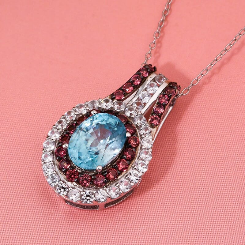 Cambodian Blue Zircon, White and Brown Zircon 4.50 ctw Oceanic Opulence Pendant Necklace in Rhodium Over Sterling Silver 20 Inches