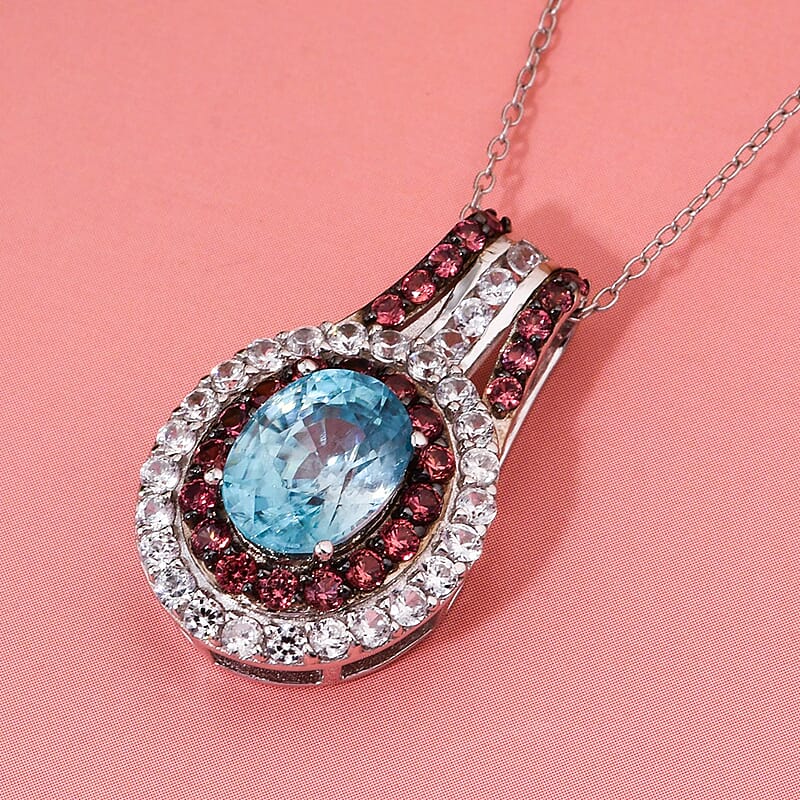 Cambodian Blue Zircon, White and Brown Zircon 4.50 ctw Oceanic Opulence Pendant Necklace in Rhodium Over Sterling Silver 20 Inches