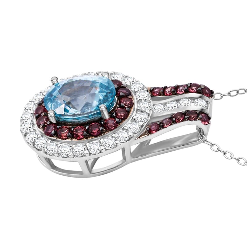 Cambodian Blue Zircon, White and Brown Zircon 4.50 ctw Oceanic Opulence Pendant Necklace in Rhodium Over Sterling Silver 20 Inches