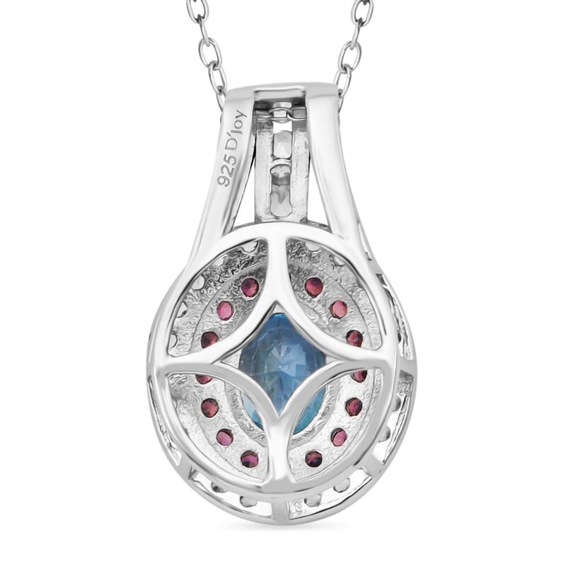 Cambodian Blue Zircon, White and Brown Zircon 4.50 ctw Oceanic Opulence Pendant Necklace in Rhodium Over Sterling Silver 20 Inches