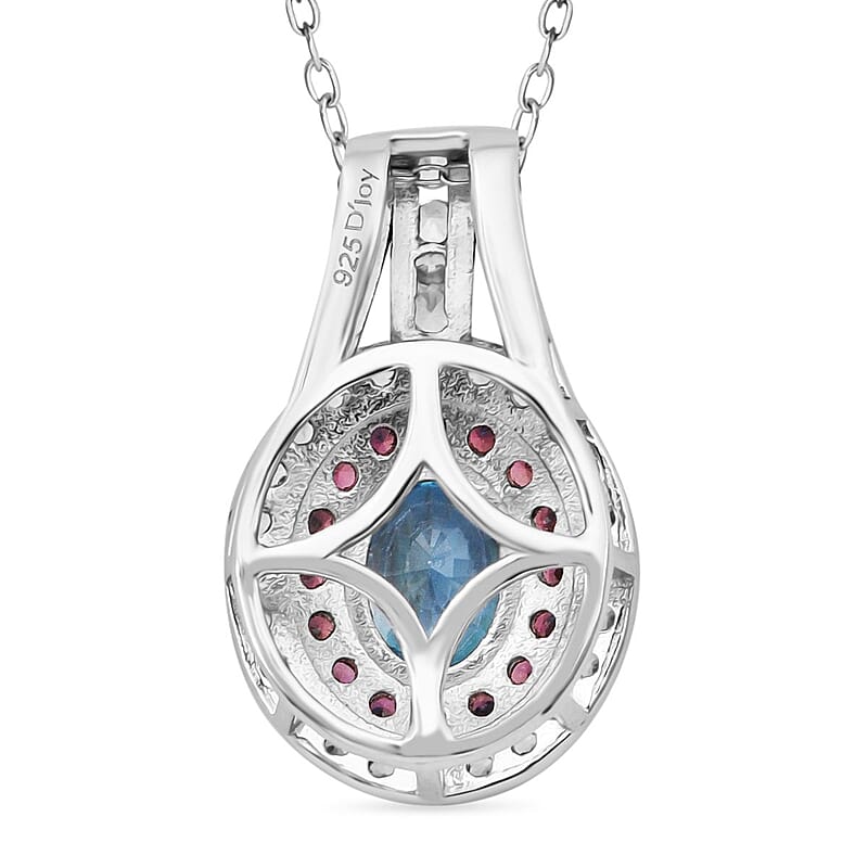 Cambodian Blue Zircon, White and Brown Zircon 4.50 ctw Oceanic Opulence Pendant Necklace in Rhodium Over Sterling Silver 20 Inches