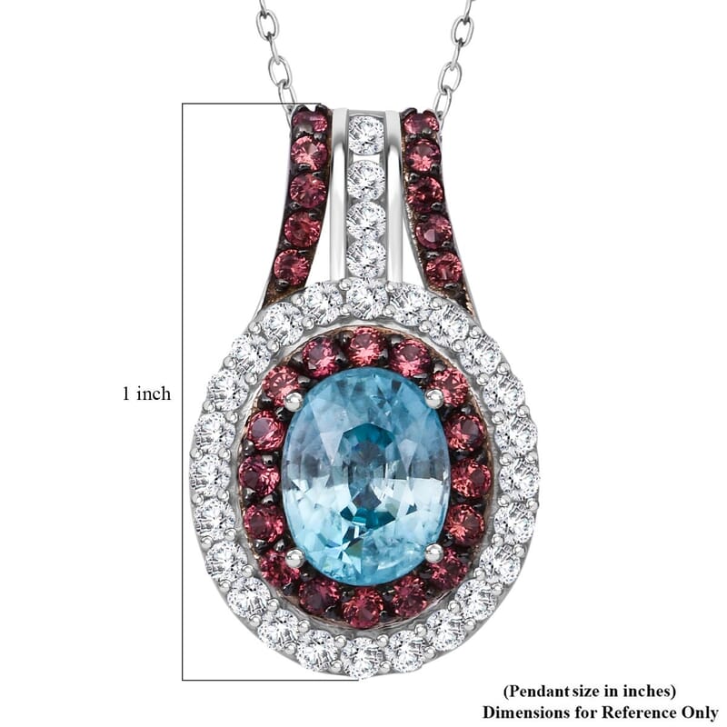 Cambodian Blue Zircon, White and Brown Zircon 4.50 ctw Oceanic Opulence Pendant Necklace in Rhodium Over Sterling Silver 20 Inches
