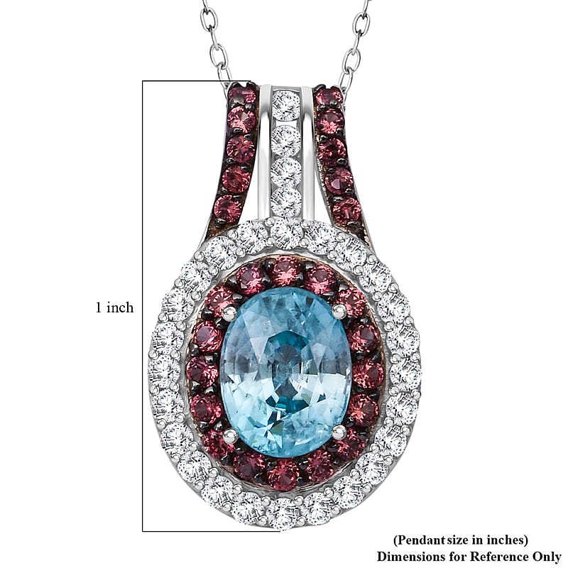 Cambodian Blue Zircon, White and Brown Zircon 4.50 ctw Oceanic Opulence Pendant Necklace in Rhodium Over Sterling Silver 20 Inches