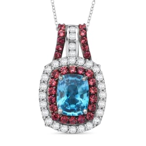 Cambodian Blue Zircon, White and Brown Zircon 4.40 ctw Oceanic Opulence Pendant Necklace in Rhodium Over Sterling Silver 20 Inches