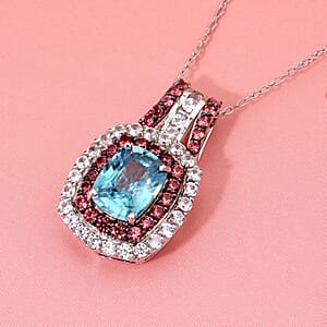 Cambodian Blue Zircon, White and Brown Zircon 4.40 ctw Oceanic Opulence Pendant Necklace in Rhodium Over Sterling Silver 20 Inches