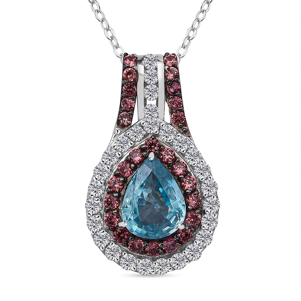 Cambodian Blue Zircon, White and Brown Zircon 4.00 ctw Oceanic Opulence Pendant Necklace in Rhodium Over Sterling Silver 20 Inches image number 0