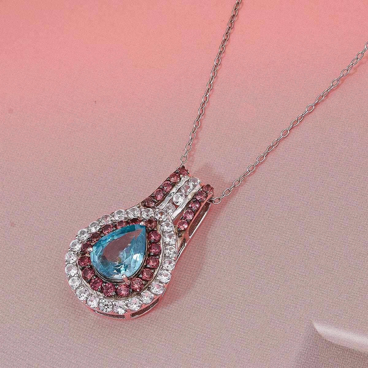 Cambodian Blue Zircon, White and Brown Zircon 4.00 ctw Oceanic Opulence Pendant Necklace in Rhodium Over Sterling Silver 20 Inches image number 1
