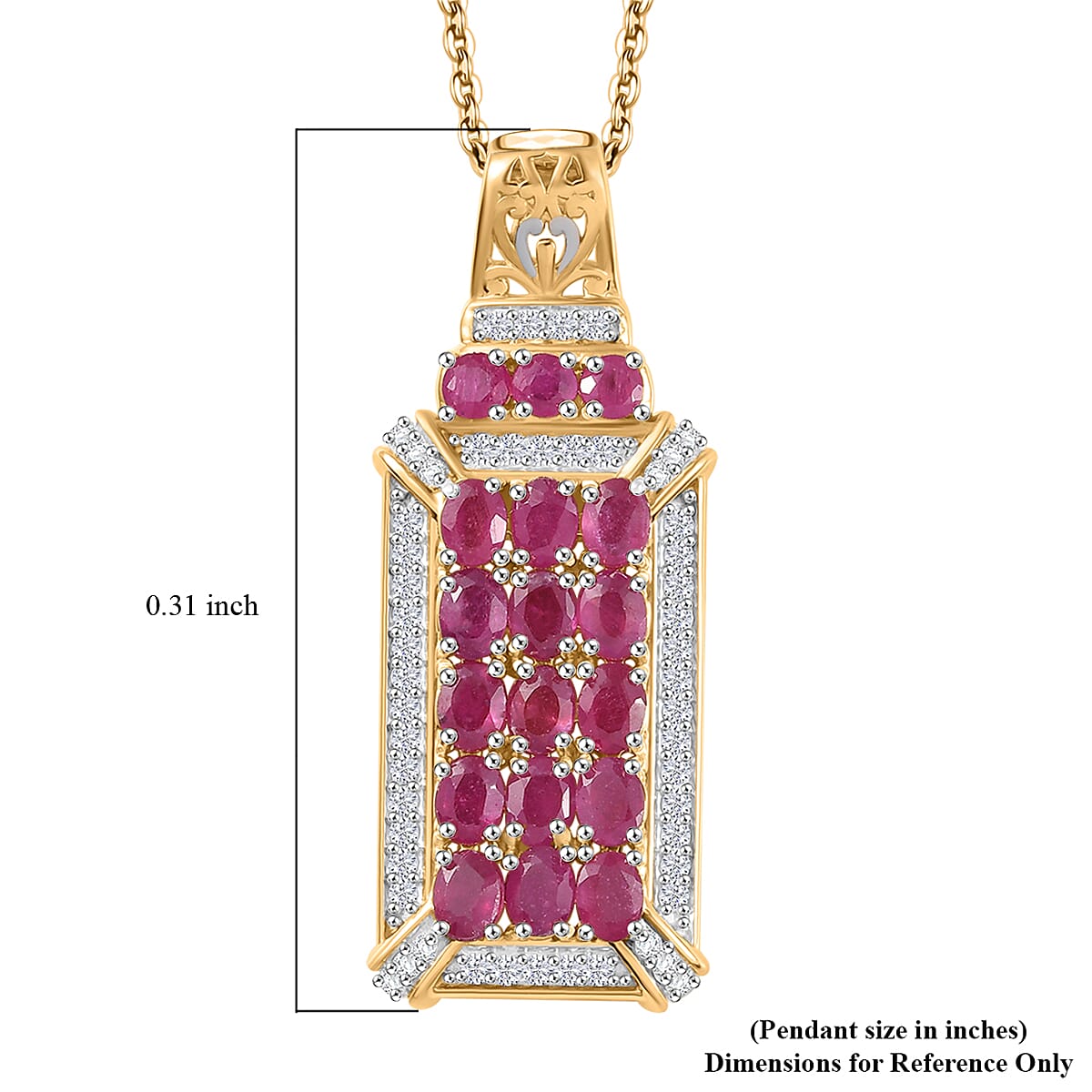 Mozambique Ruby and White Zircon 5.15 ctw Pendant Necklace in Rhodium and 18K Vermeil Yellow Gold Over Sterling Silver 20 Inches