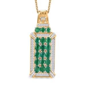 D'Joy Kagem Zambian Emerald and White Zircon 3.25 ctw Opulent Prism Pendant Necklace in Rhodium and 18K Vermeil Yellow Gold Over Sterling Silver 20 Inches