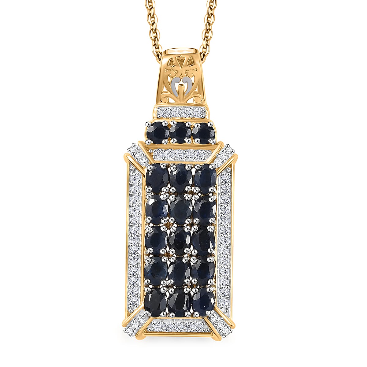 Kanchanaburi Blue Sapphire and White Zircon 4.50 ctw Opulent Prism Pendant Necklace in Rhodium and 18K Vermeil Yellow Gold Over Sterling Silver 20 Inches image number 0