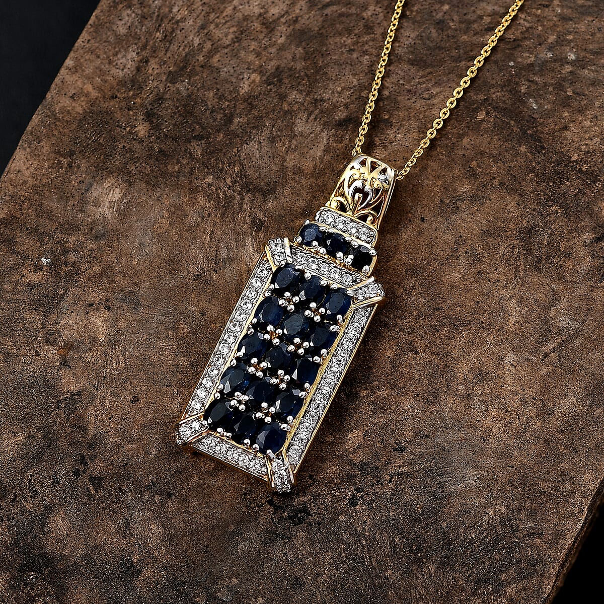 Kanchanaburi Blue Sapphire and White Zircon 4.50 ctw Opulent Prism Pendant Necklace in Rhodium and 18K Vermeil Yellow Gold Over Sterling Silver 20 Inches image number 1
