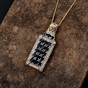 D'Joy Kanchanaburi Blue Sapphire and White Zircon 4.50 ctw Opulent Prism Pendant Necklace in Rhodium and 18K Vermeil Yellow Gold Over Sterling Silver 20 Inches