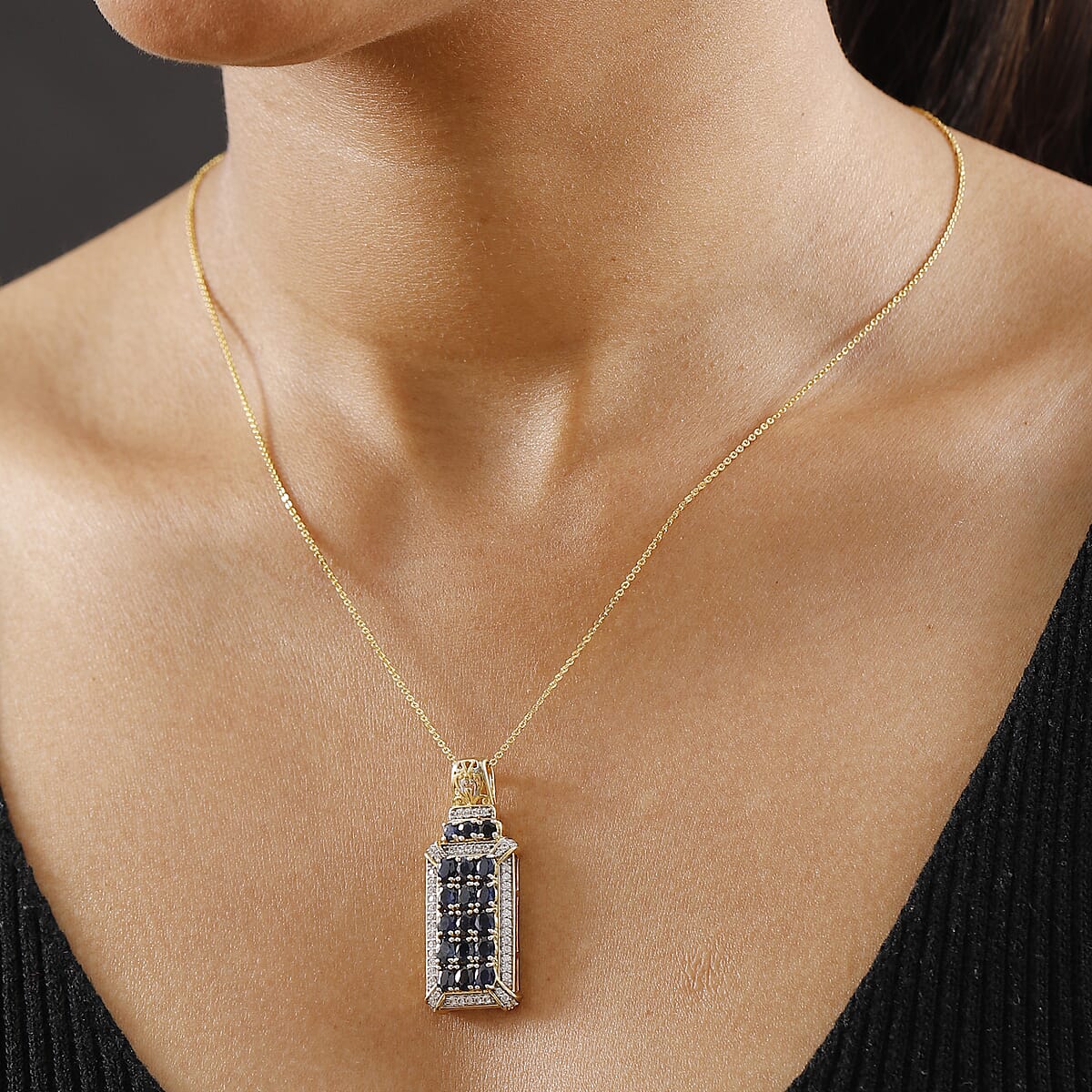 Kanchanaburi Blue Sapphire and White Zircon 4.50 ctw Opulent Prism Pendant Necklace in Rhodium and 18K Vermeil Yellow Gold Over Sterling Silver 20 Inches image number 2
