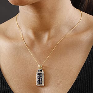 D'Joy Kanchanaburi Blue Sapphire and White Zircon 4.50 ctw Opulent Prism Pendant Necklace in Rhodium and 18K Vermeil Yellow Gold Over Sterling Silver 20 Inches